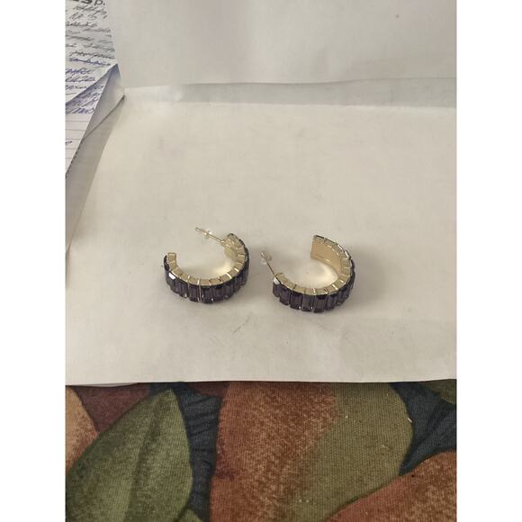 4442 NIP 1" Goldtone Amethyst Purple Cheerful Gem Pave Hoops February Birthstone - Picture 3 of 4